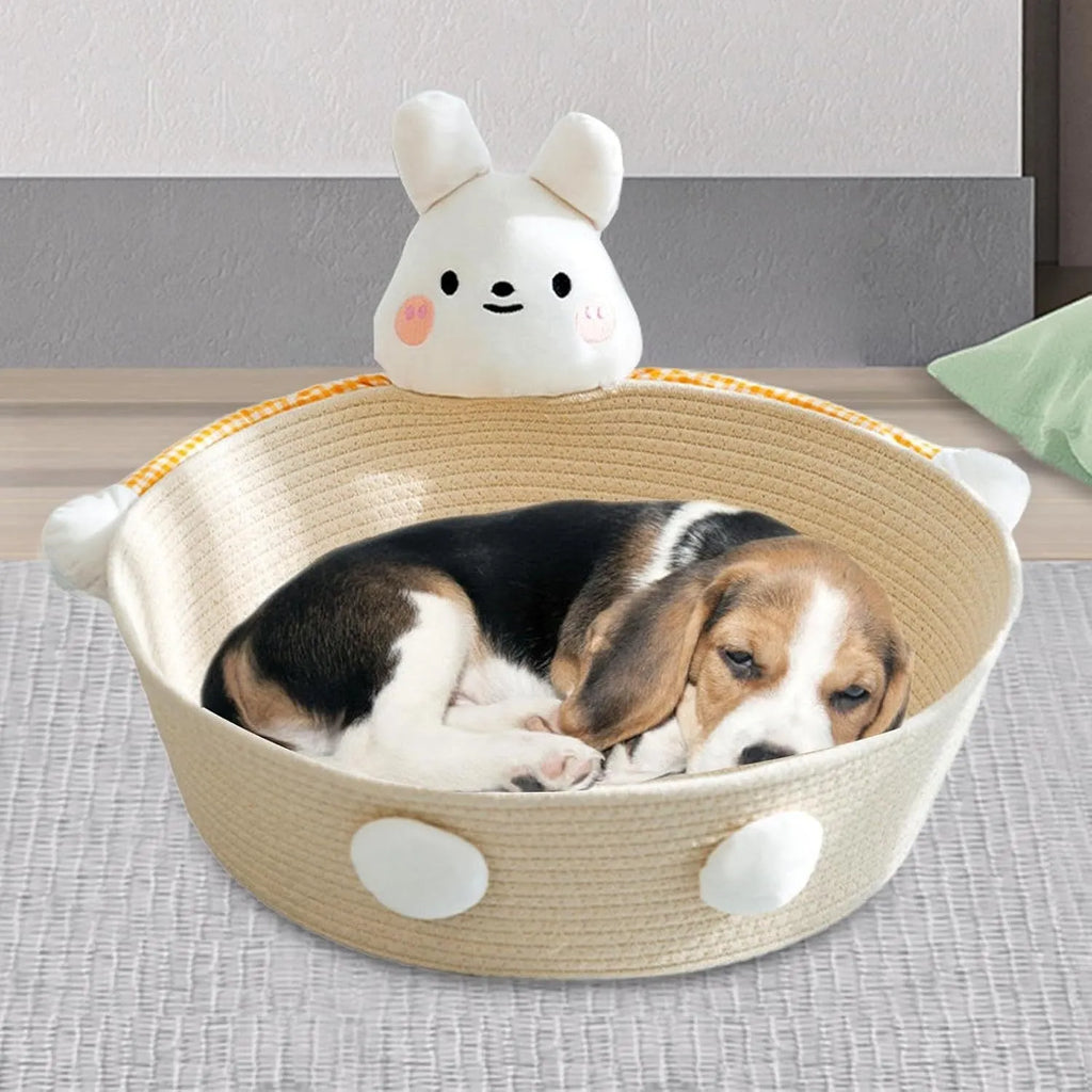 Woven cotton rope cat bed basket with integrated scratching surface in rabbit design