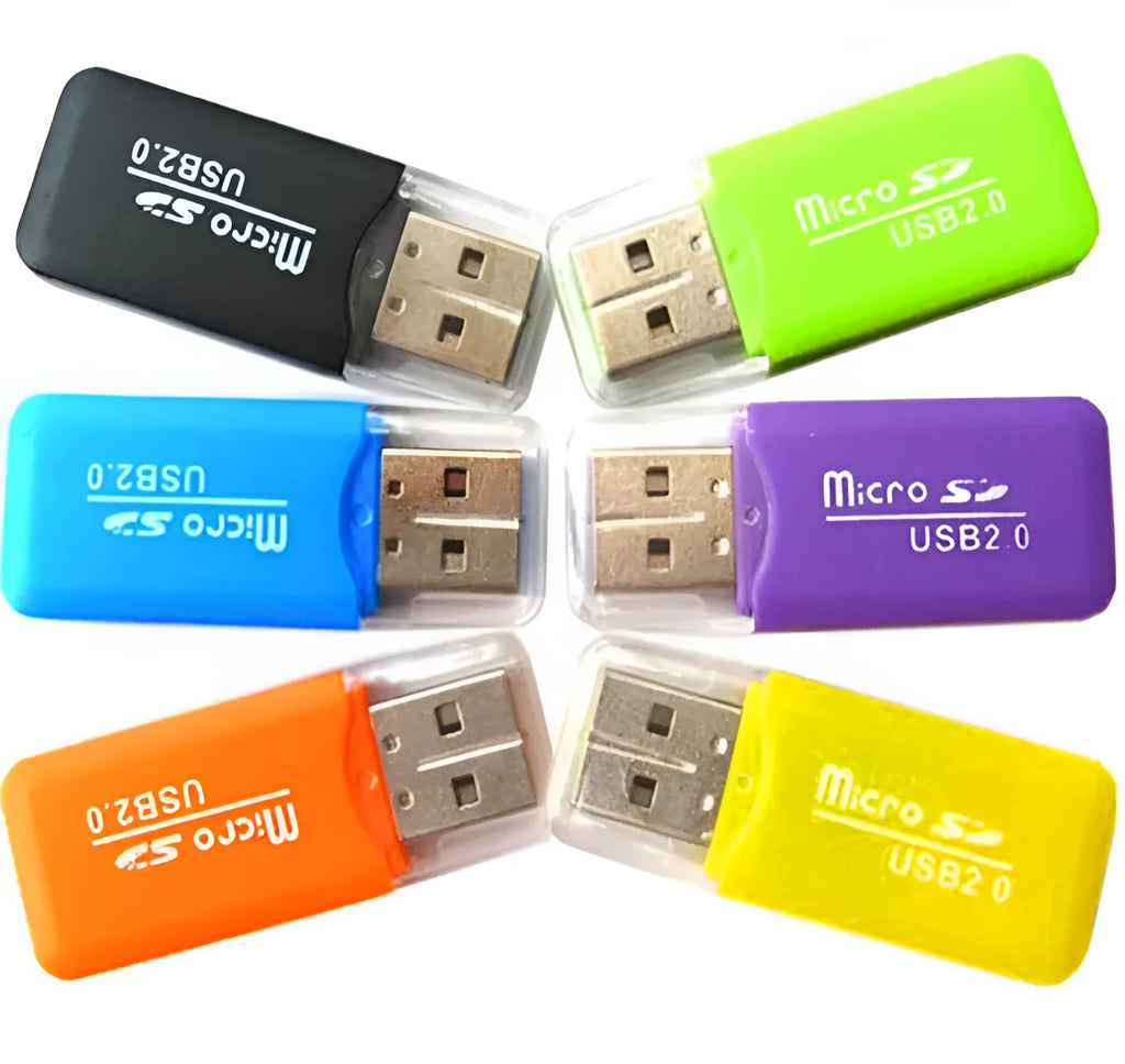 Mini USB TF memory card reader with a separate SD card adapter on a white background.