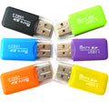 Mini USB TF memory card reader with a separate SD card adapter on a white background.