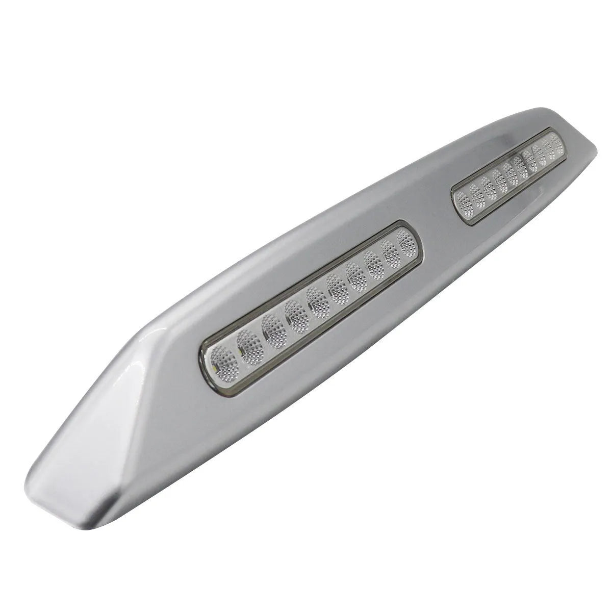 Silver aluminium caravan porch light with white LED mounted on exterior wall