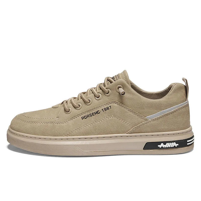 Men's khaki work shoes with round toe and non-slip rubber soles for construction site use