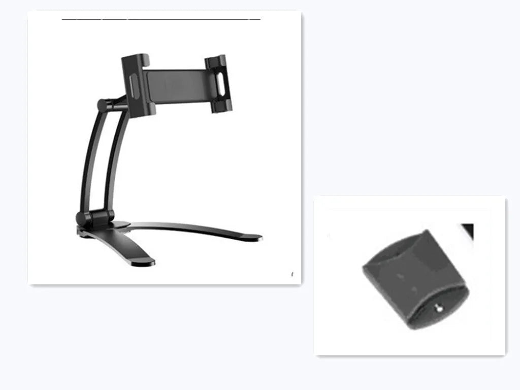 Silver aluminum desktop tablet stand with white ABS base, showing adjustable clip holding a tablet.