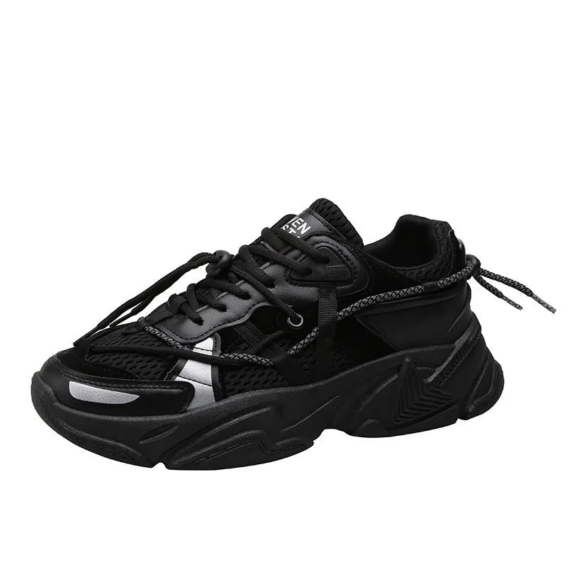 Men's white Korean-style platform dad shoes with lace-up front and mesh lining for height increase