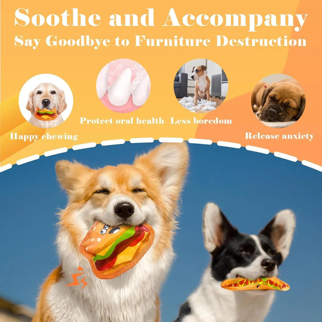 Hamburger-shaped crinkle dog toy with dual squeaker and crinkle sound, no stuffing