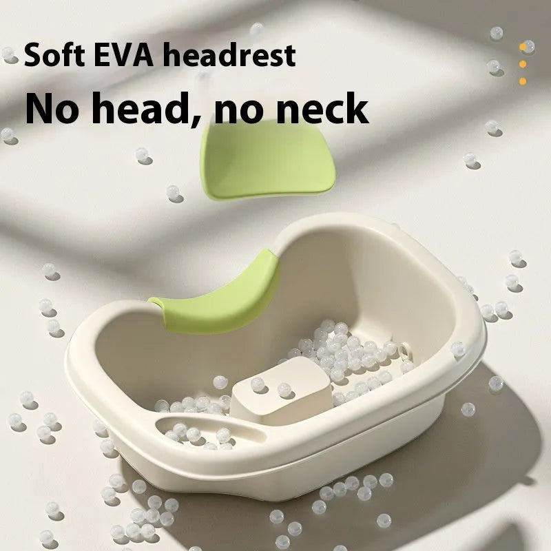 Pregnant woman lying in bed using shampoo pot with head pad and water pump, light pink colour