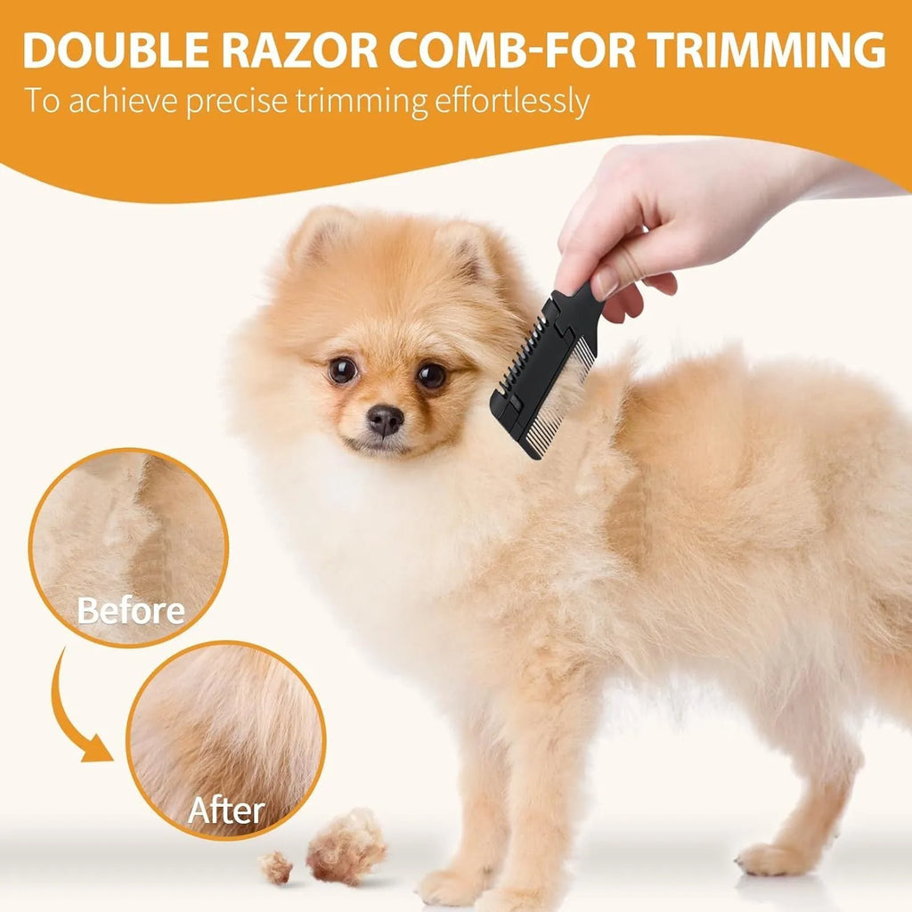 Pet razor comb for dogs and cats with detangling teeth and cutting blades, includes ten spare blades.