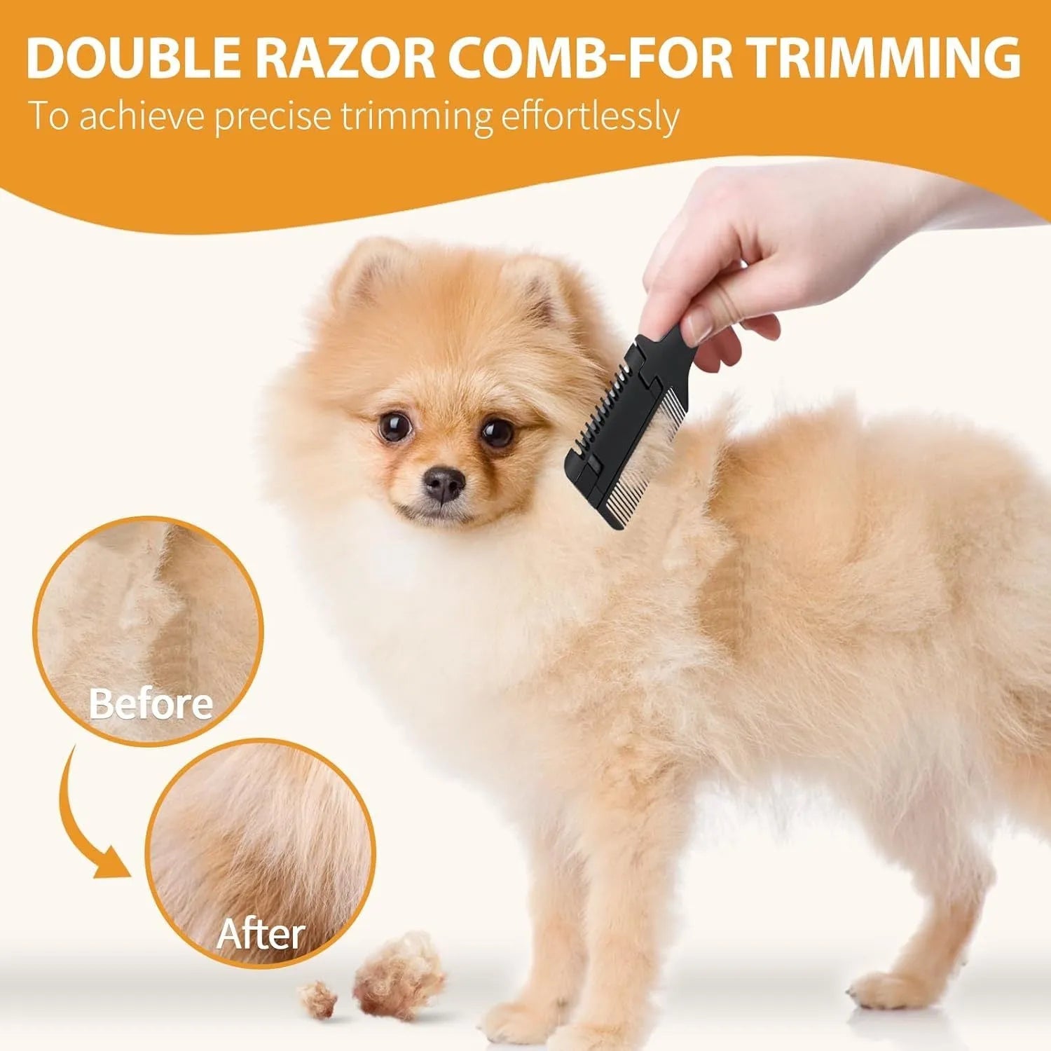 Pet razor comb for dogs and cats with detangling teeth and cutting blades, includes ten spare blades.