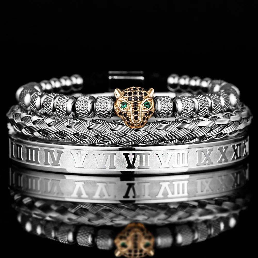 Titanium steel leopard head mesh bracelet with pineapple pearl Roman detailing, unisex simple style, black diamond colour