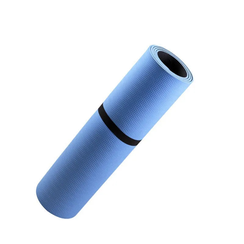 Blue conductive yoga mat with floral pattern, showing grounding wire and non-slip texture, dimensions 182x61cm.