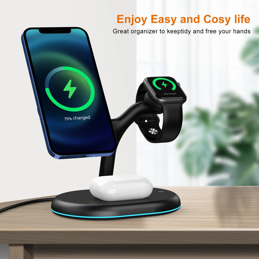 Black magnetic wireless charger with three-in-one function on a simple background.