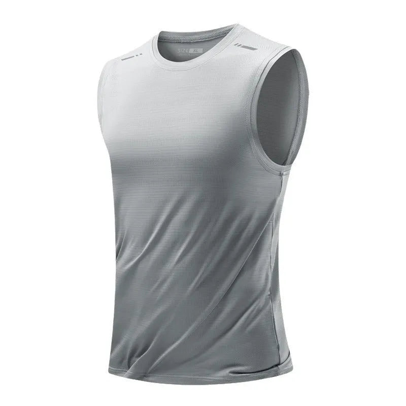 Man wearing a loose-fit grey sleeveless bamboo blend sports waistcoat, straight hem.