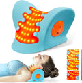 Blue USB-powered cervical traction pillow with red light and infrared therapy on a flat surface