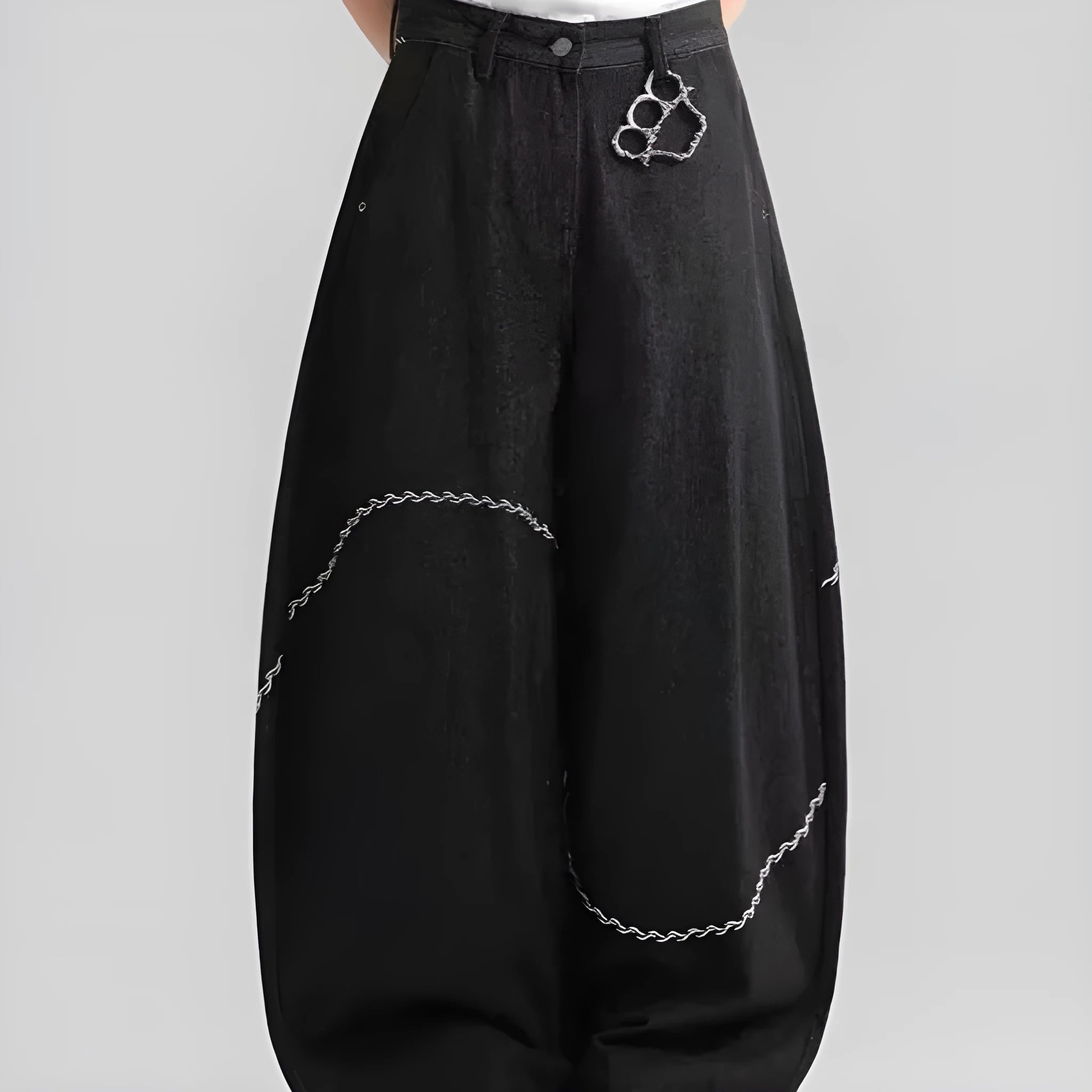 Black straight-leg polyester denim trousers with micro-elastic waist and zip fly placket