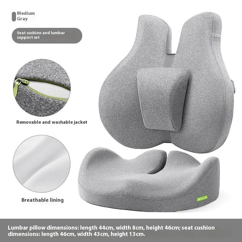 Medium grey cotton waist protection cushion set with adjustable lumbar support for office desk chair