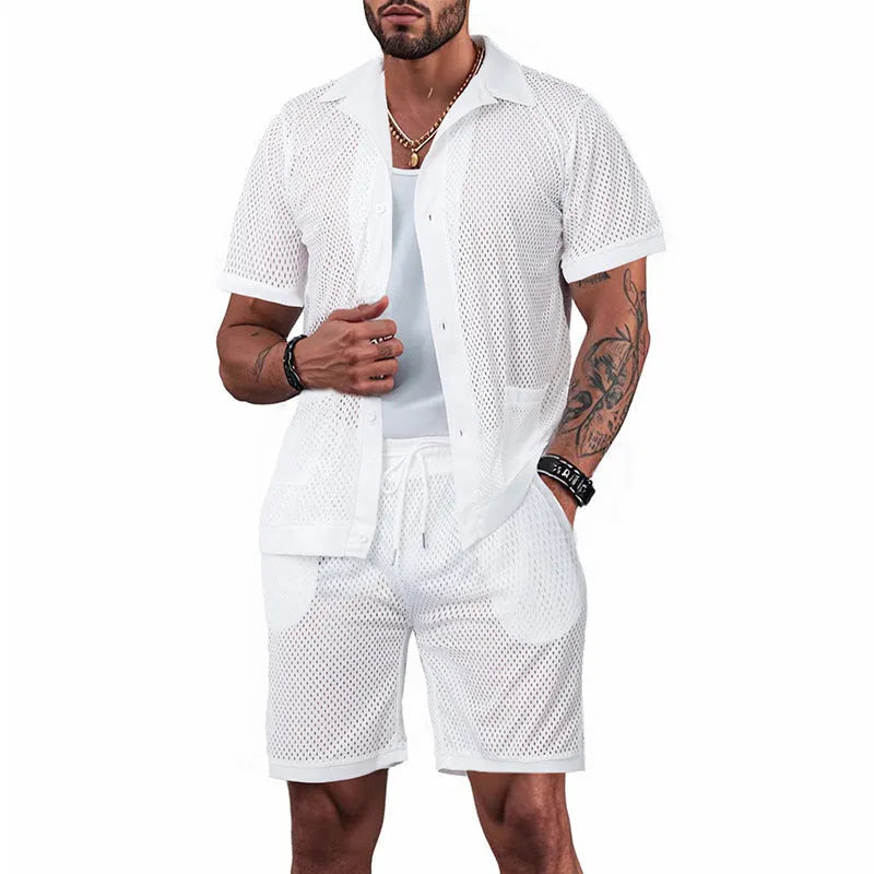 Women's see-through short sleeve cardigan and matching shorts set in Lake Blue for summer beach leisure