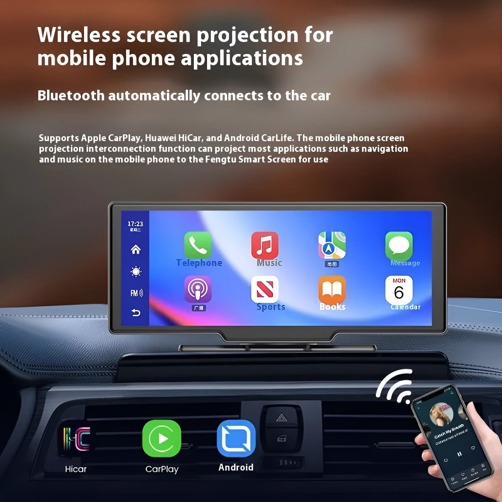 10 inch car smart screen with Carplay display mounted on dashboard, showing front and rear camera views.