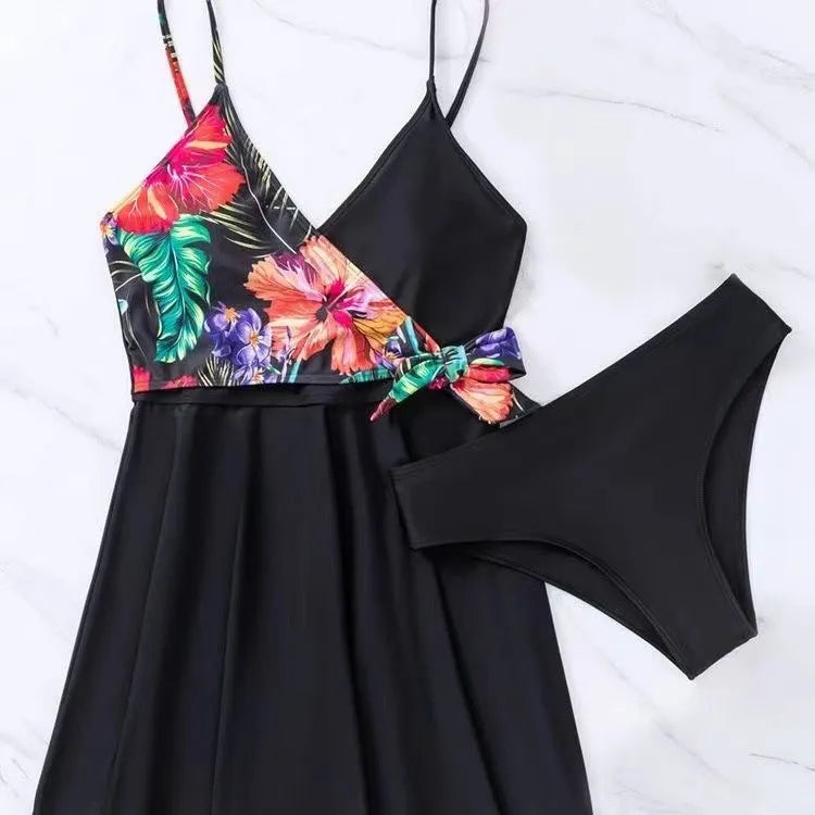 Black women's high waist printed split bikini briefs for sports and swimming