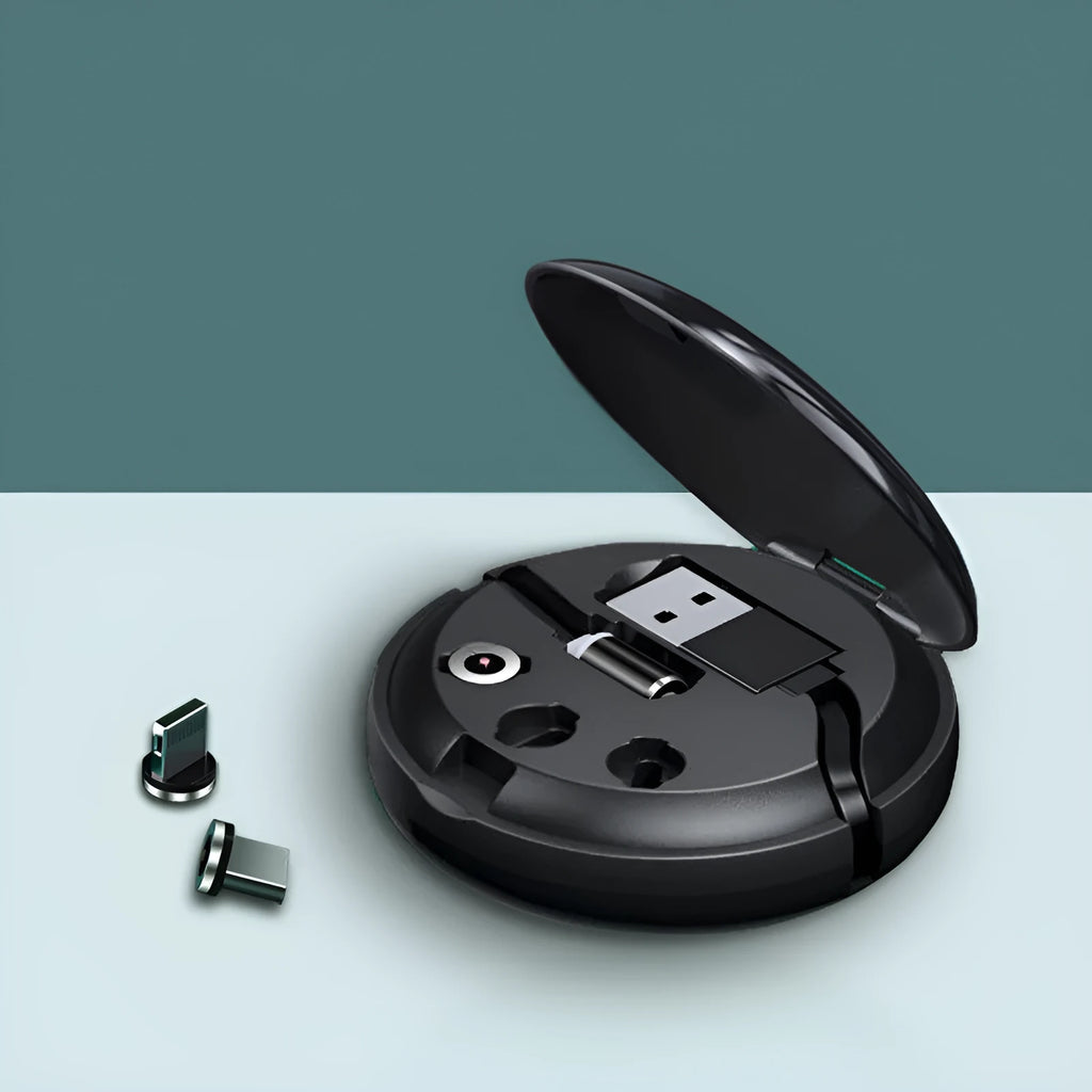 3-in-1 magnetic sucker data cable with connectors for Apple, Android, and Type-C, 1m length, black finish