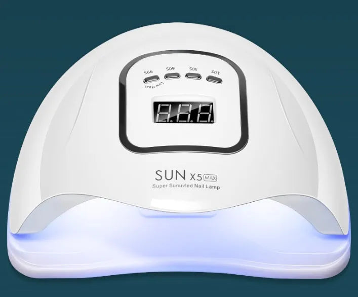 White UV LED gel nail polish curing lamp with digital timer display and 45 lamp beads.