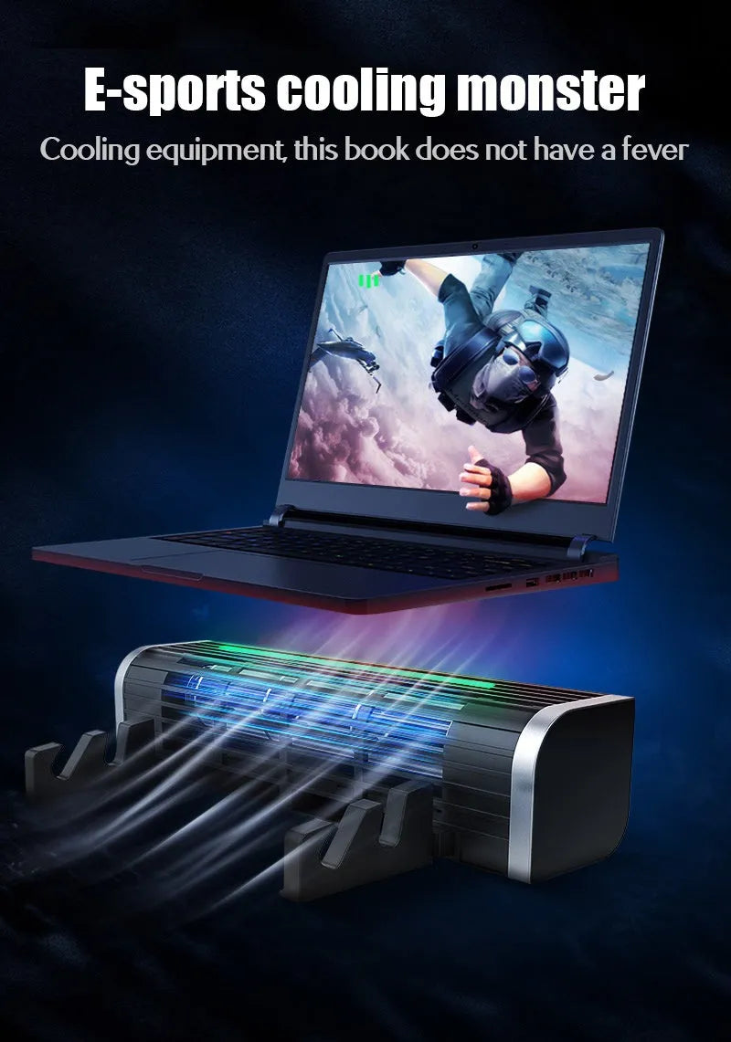 Black notebook cooling pad with dual fans, USB cable, dimensions 294mm x 65mm x 65mm.