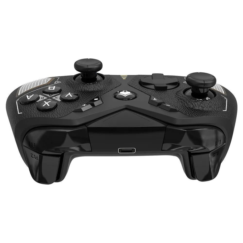 Black wireless Nintendo Switch game controller with leather-texture grips on a grey background.