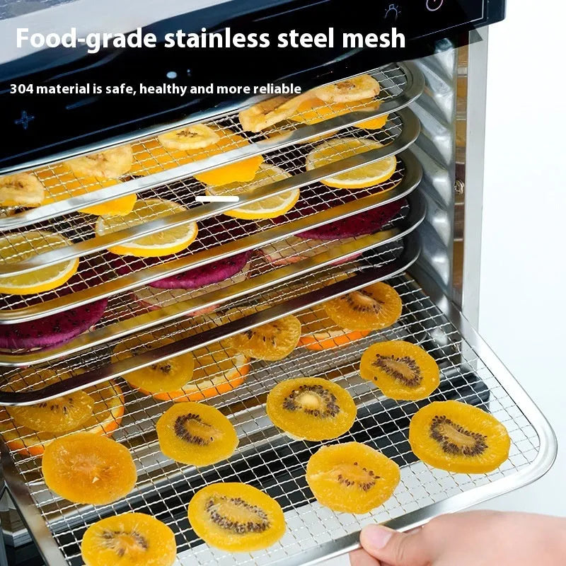 Stainless steel food dehydrator machine with multiple stacking trays and an LED control panel.