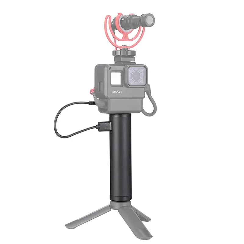 Black aluminium alloy portable power bank with a carrying handle, showing front and side views.