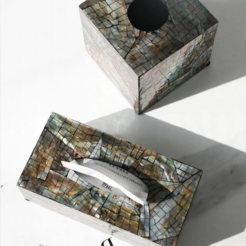Natural shell tissue box storage container in modern design with removable organisation insert