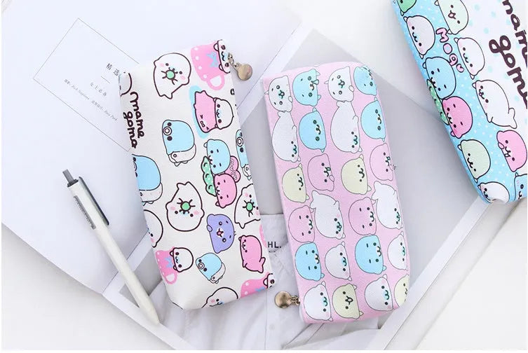Creative Corner triangle PU leather stationery bag with cartoon creature design in blue and white colour