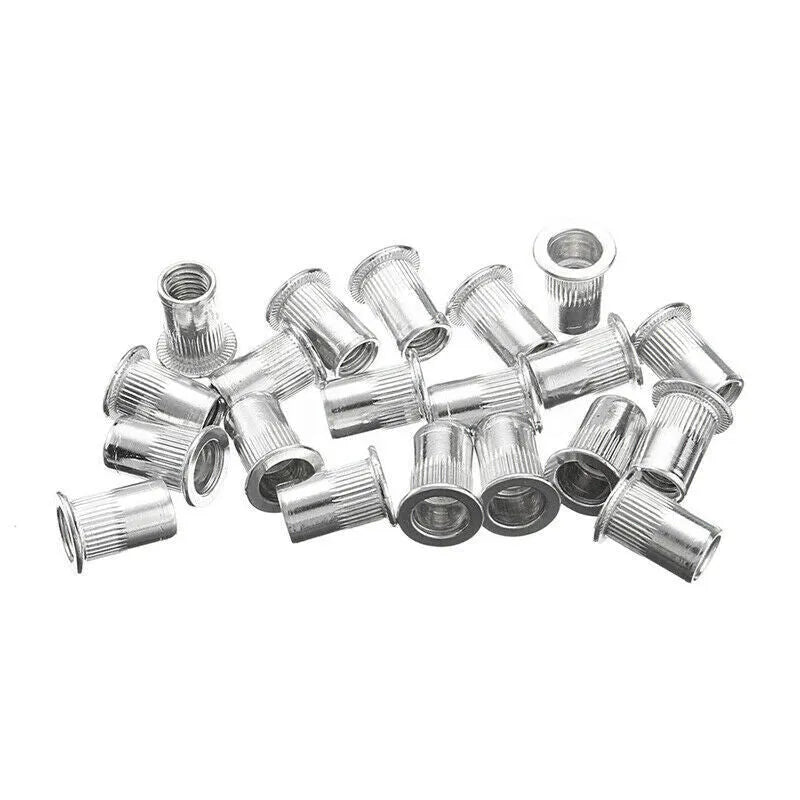 Alloy steel manual riveter nut set showing tool with assortment of nuts
