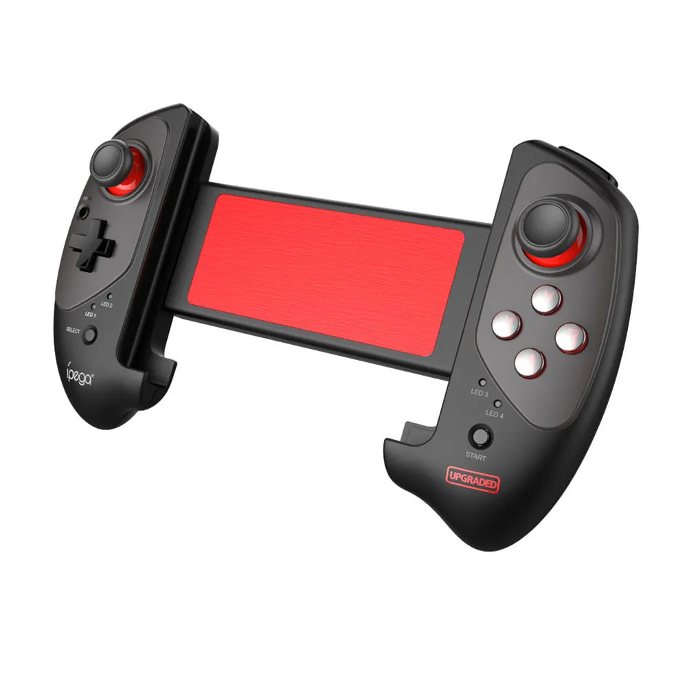 Red telescopic Bluetooth gamepad controller extended with smartphone and USB cable