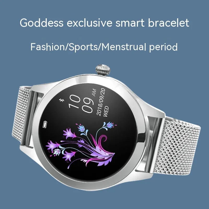 Women's sports smartwatch showing heart rate monitoring and available in four colours