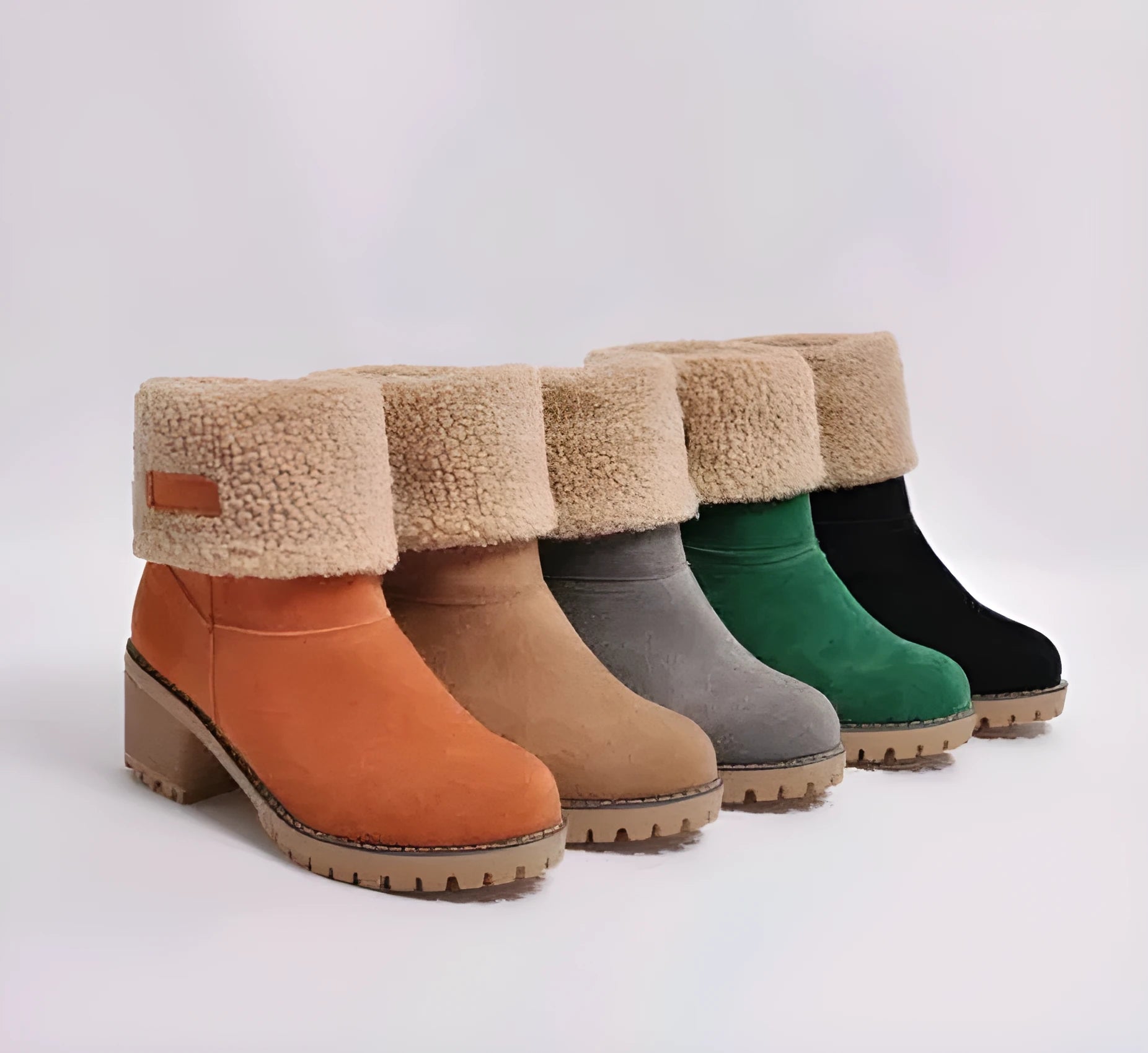 Women's suede mid-calf snow boots in black with a thick flat heel and round toe.
