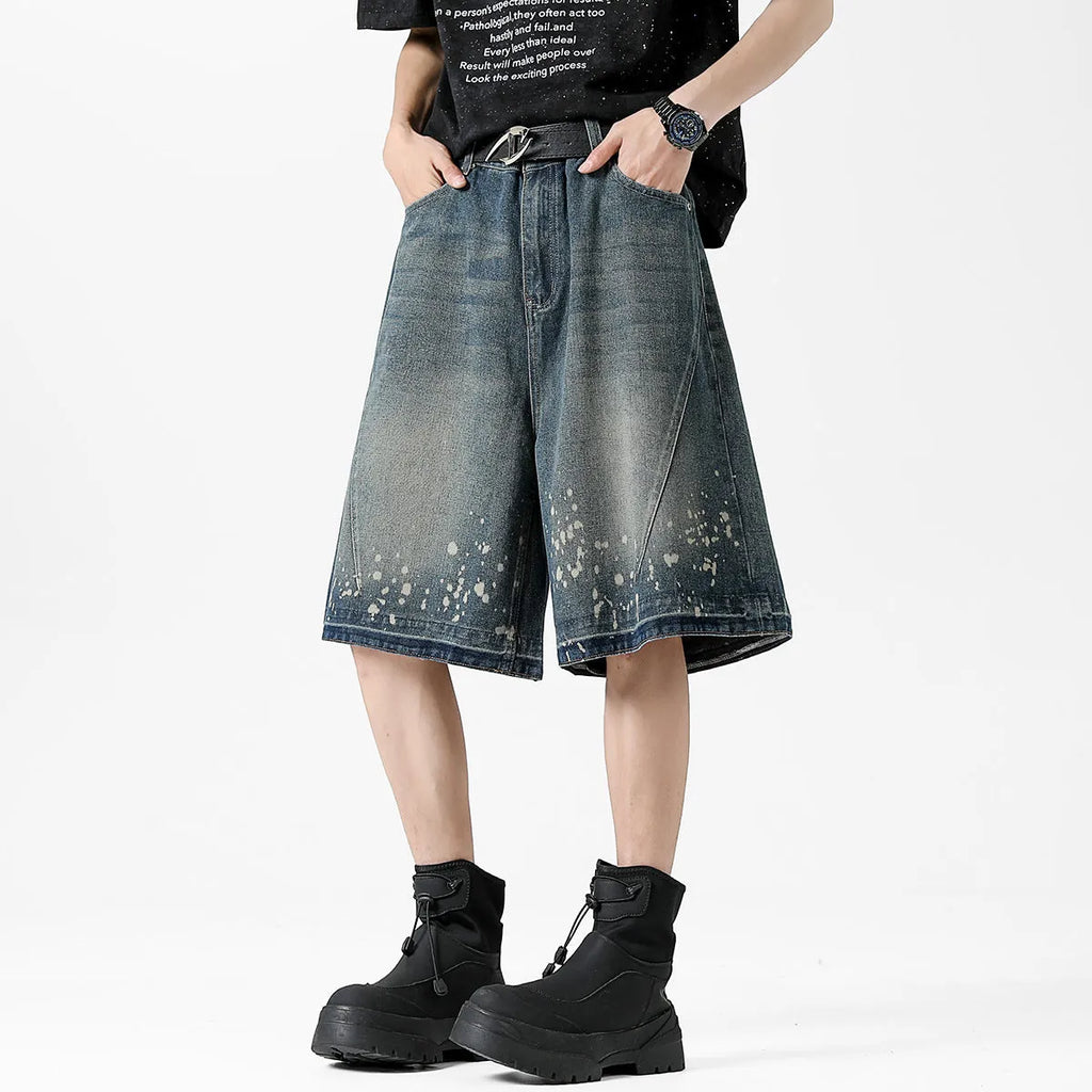Retro washed ripped splash ink five points denim shorts for men in retro blue straight fit