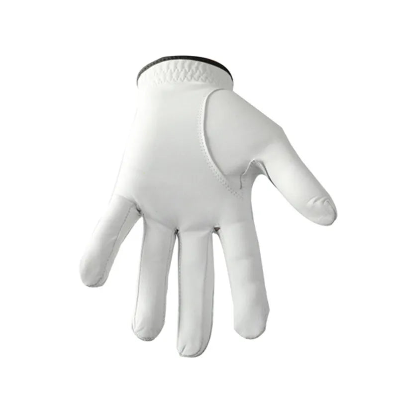 Men's white half sheepskin golf glove showing leather texture and non-slip palm
