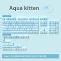 Watercolour kitten design custom PTB keycap set for mechanical keyboards, showing 138-key and 158-key options.
