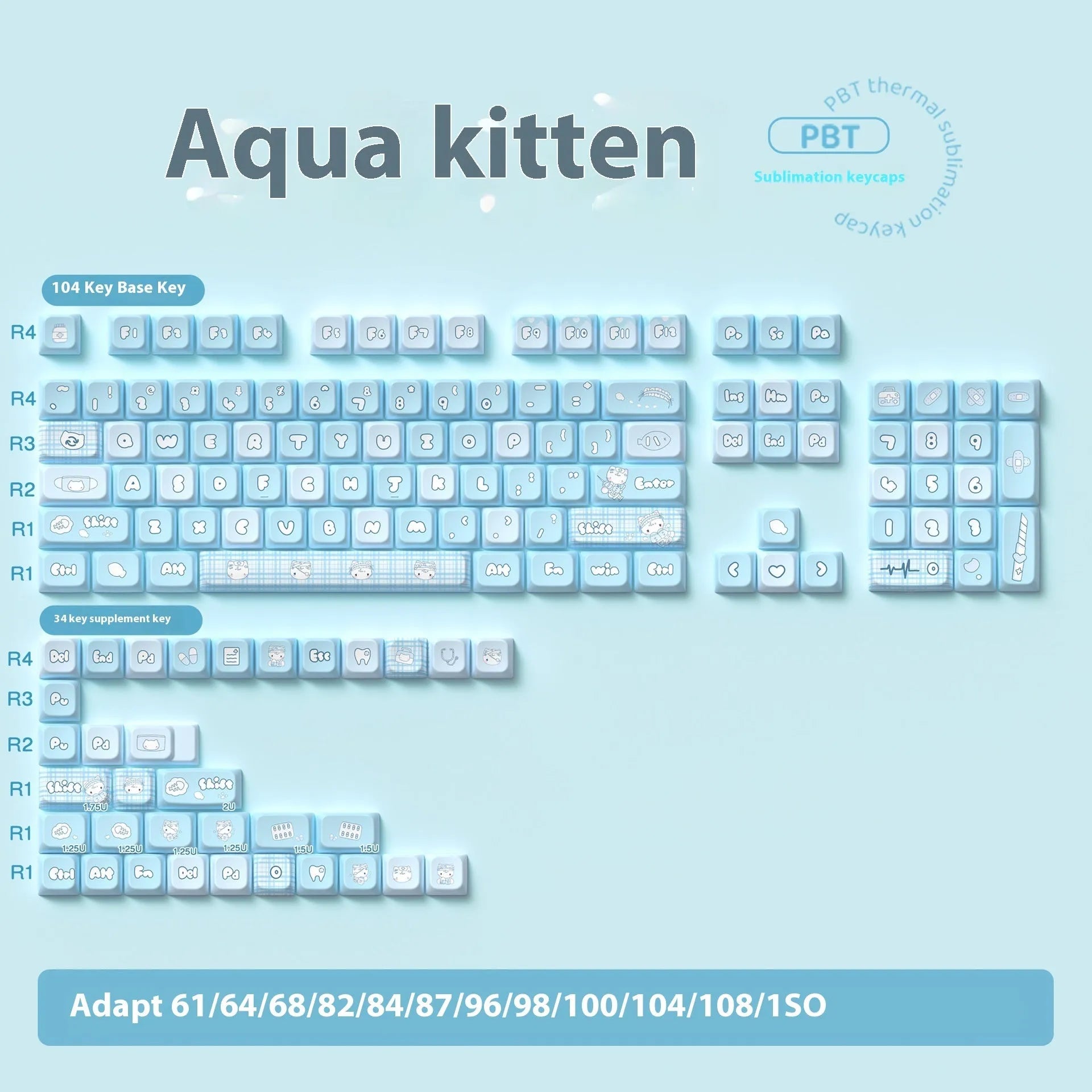 Watercolour kitten design custom PTB keycap set for mechanical keyboards, showing 138-key and 158-key options.