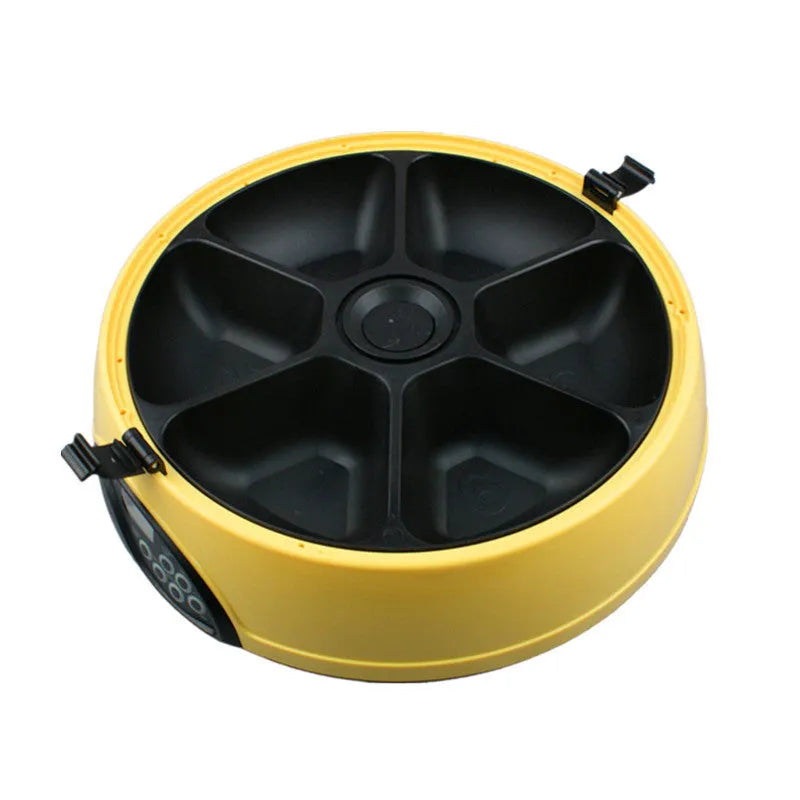Pet automatic feeder with 6 slots, voice recorder, ABS plastic, 330ml capacity, yellow colour option
