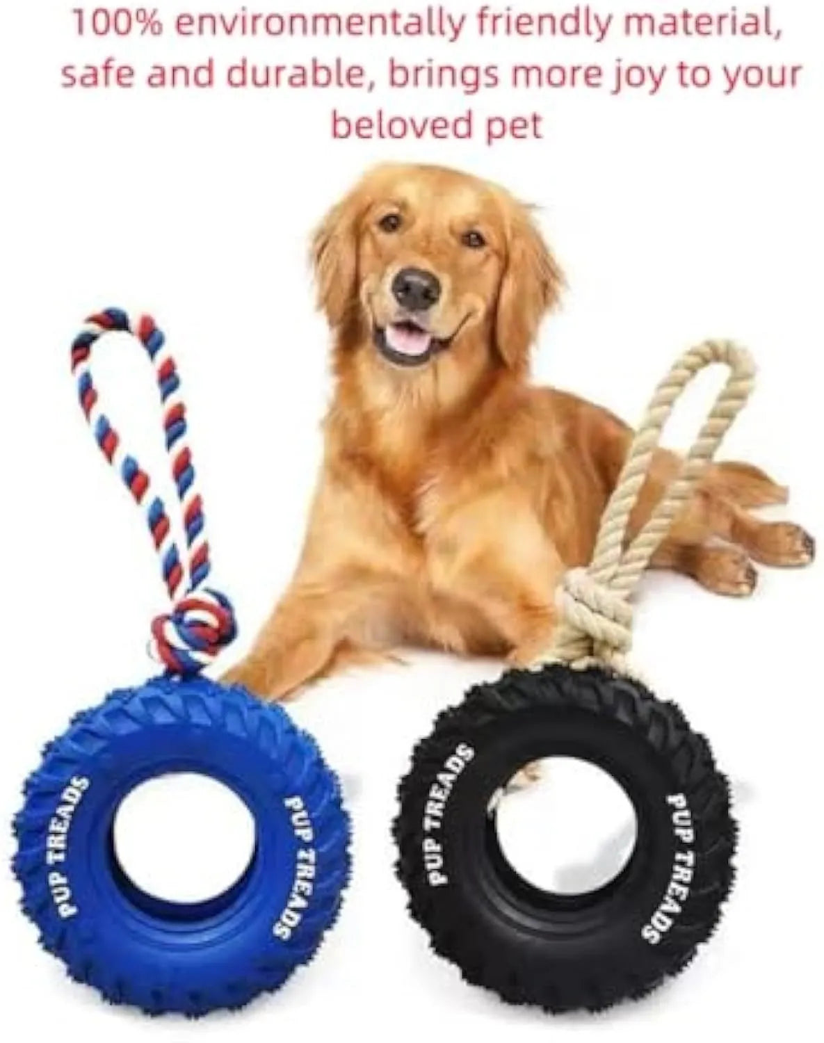 Black natural rubber dog chew toy shaped like a tire with rope, 35x16cm, for large aggressive chewers