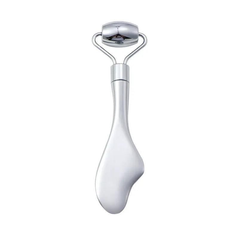 Stainless steel heart-shaped massage board with roller and scraping plate for facial care