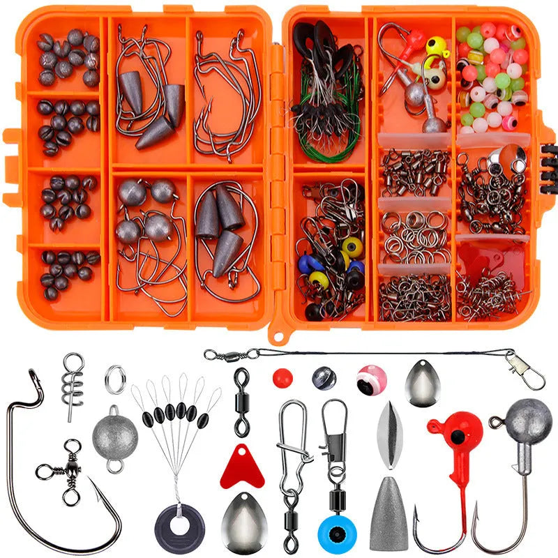 Weihe 257-piece fishing lure accessories kit in orange or black ABS organiser box.