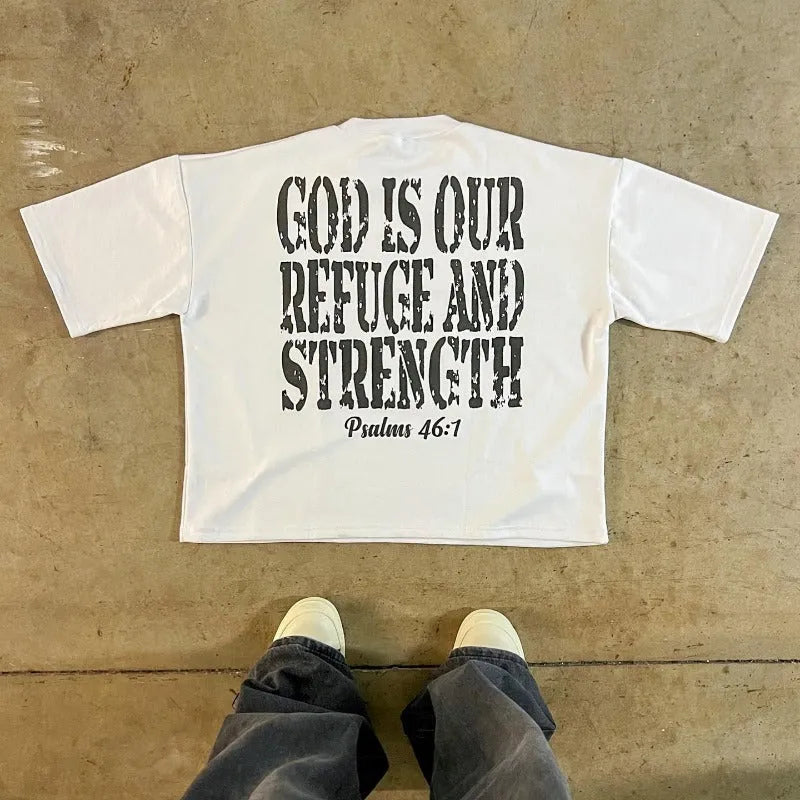 Printed cotton short sleeve t-shirt with retro street style design and drop shoulder sleeves