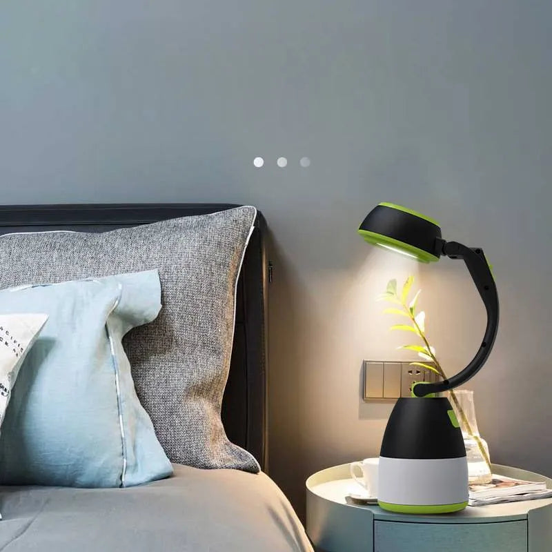 Black-green multifunctional LED lamp with adjustable head showing three lighting modes and USB charging port