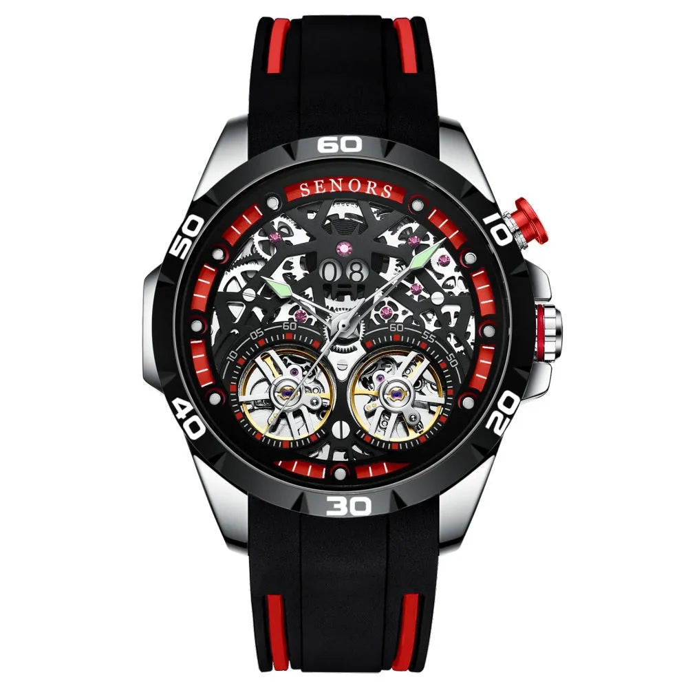 Men's automatic mechanical watch with hollow skeleton dial showing movement and luminous hands