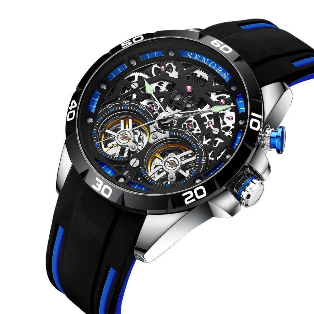 Men's automatic mechanical watch with hollow skeleton dial showing movement and luminous hands