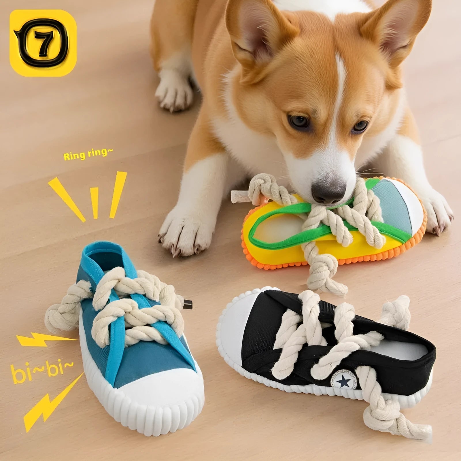 Plastic dog squeaker bite toy in yellow colour with chew-resistant construction
