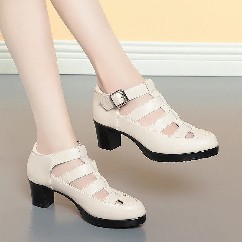 Women's closed toe chunky heel sandals with woven hollowed design and ankle strap in beige