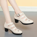 Women's closed toe chunky heel sandals with woven hollowed design and ankle strap in beige