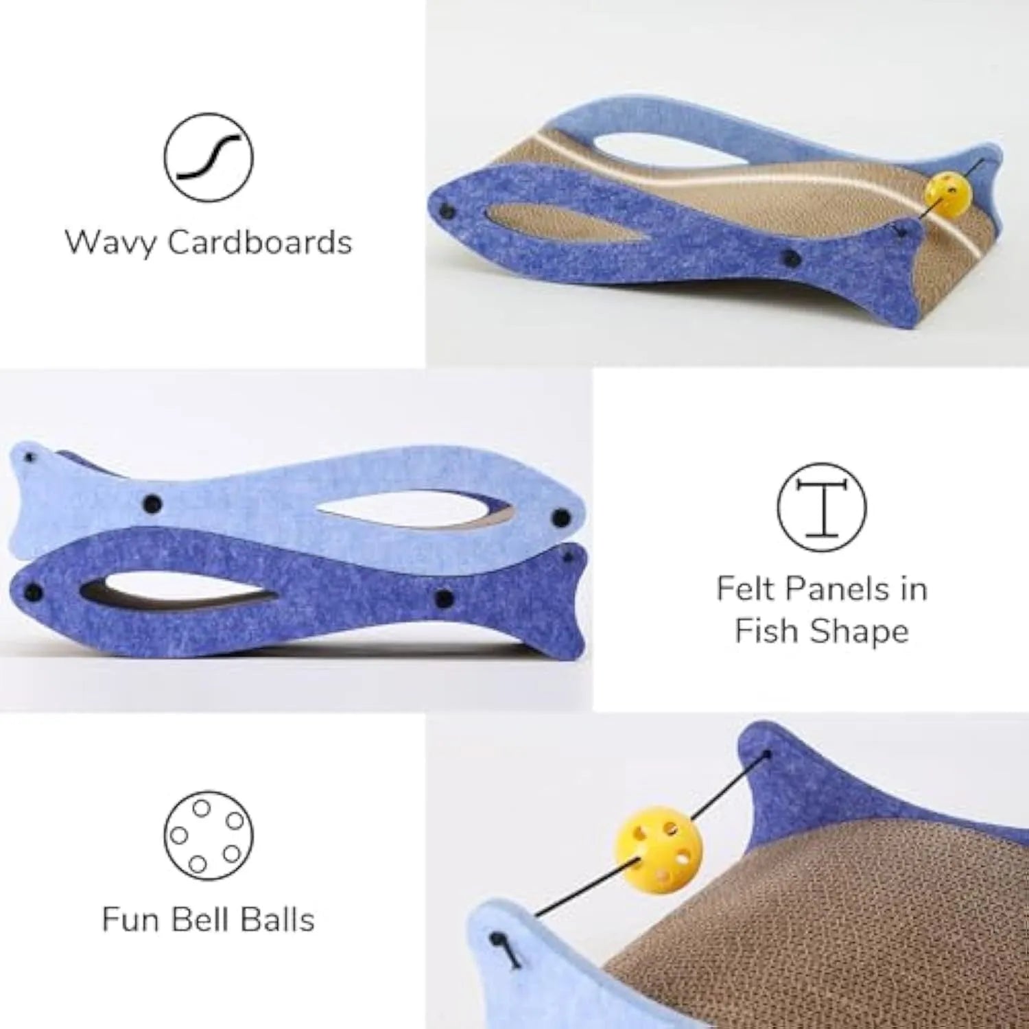Blue fish-shaped cat scratcher with corrugated cardboard construction and hanging bell ball toy