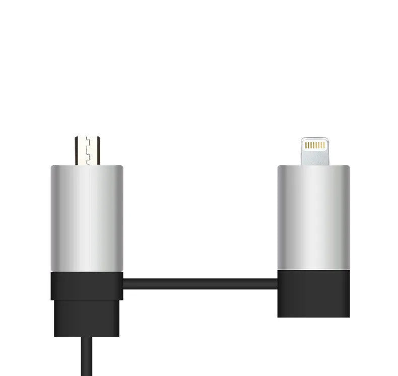2 in 1 dual USB retractable car charger in black and silver with a retractable cable and two USB ports for mobile device charging